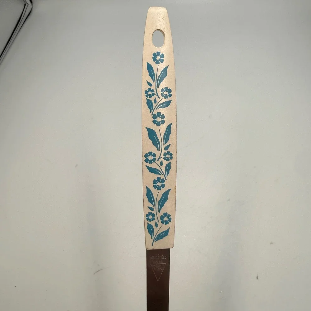 Vintage Household Japan Stainless Gravy Ladle Blue Floral Cream Handle Spout